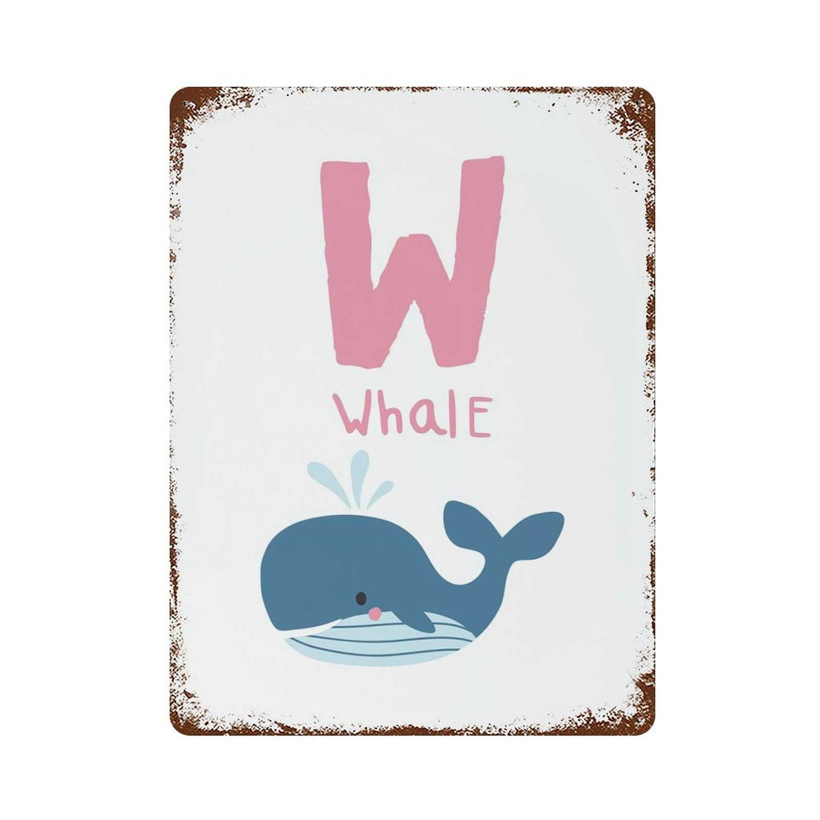 Rust Effect Whale with W Illustration Weathered Tin Sign 15.7"x11.8", Novelty Wall Decor for Office, Studio And Wall Decor