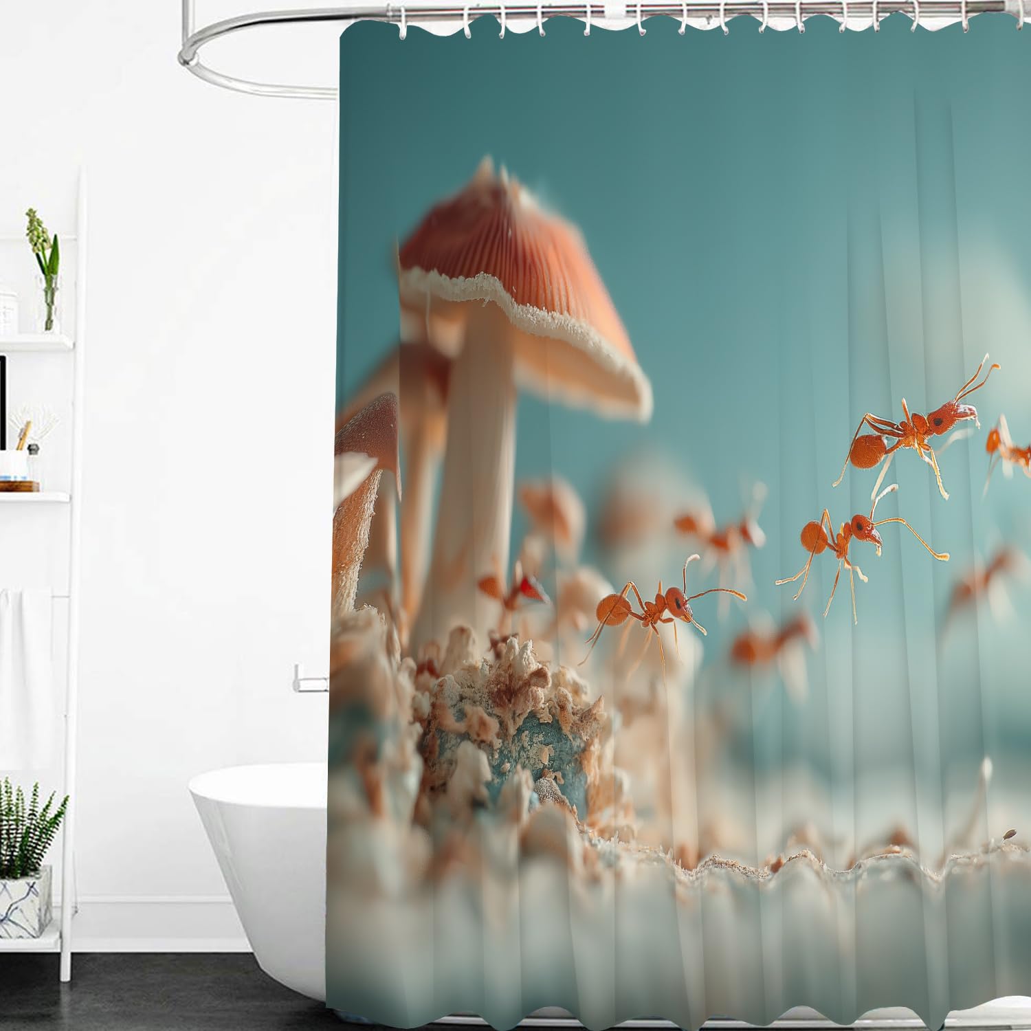 3D Pilze-Duschvorhang 200x200, Badezimmervorhang mit Rotem Ameisen und Pilzdruck, Blauer Hintergrund, Wasserdichtes Polyestergewebe für Nassraum Badezimmerdekor, B200 x H200 cm (1Er Pack)