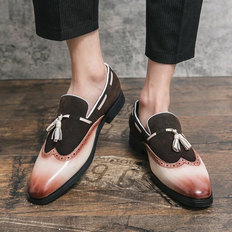 Formal Shoes for Men Slip On Square Burnished Toe Wing tip Two Tone with Tassel Boatshoes Low Top Block Heel Slip Resistant Working4