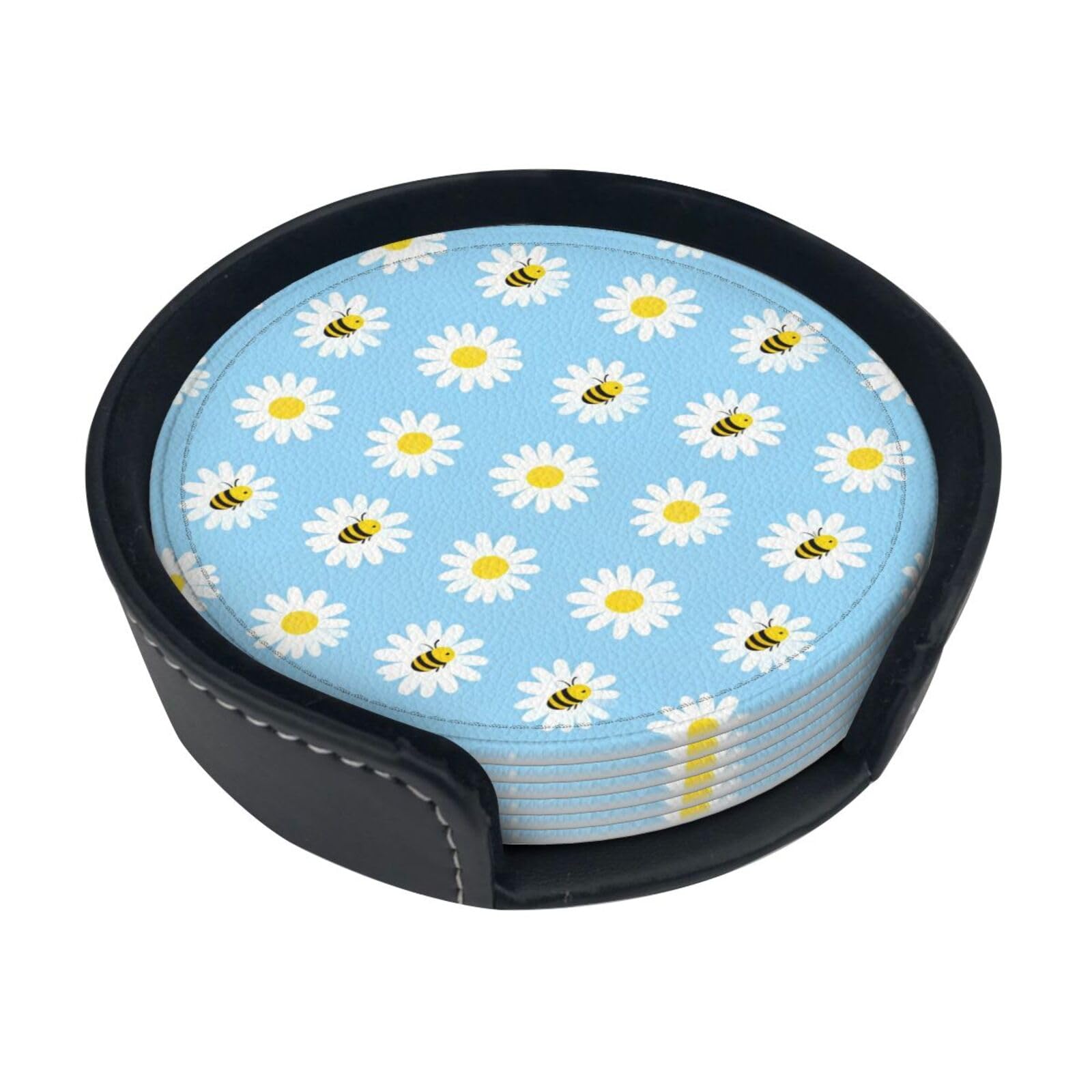 Cntdbu White Daisy Bee Seamless Leather Coasters Set Of 6-Pu Leather Drink Mats For Table, Heat Resistant Round Coasters With Holder
