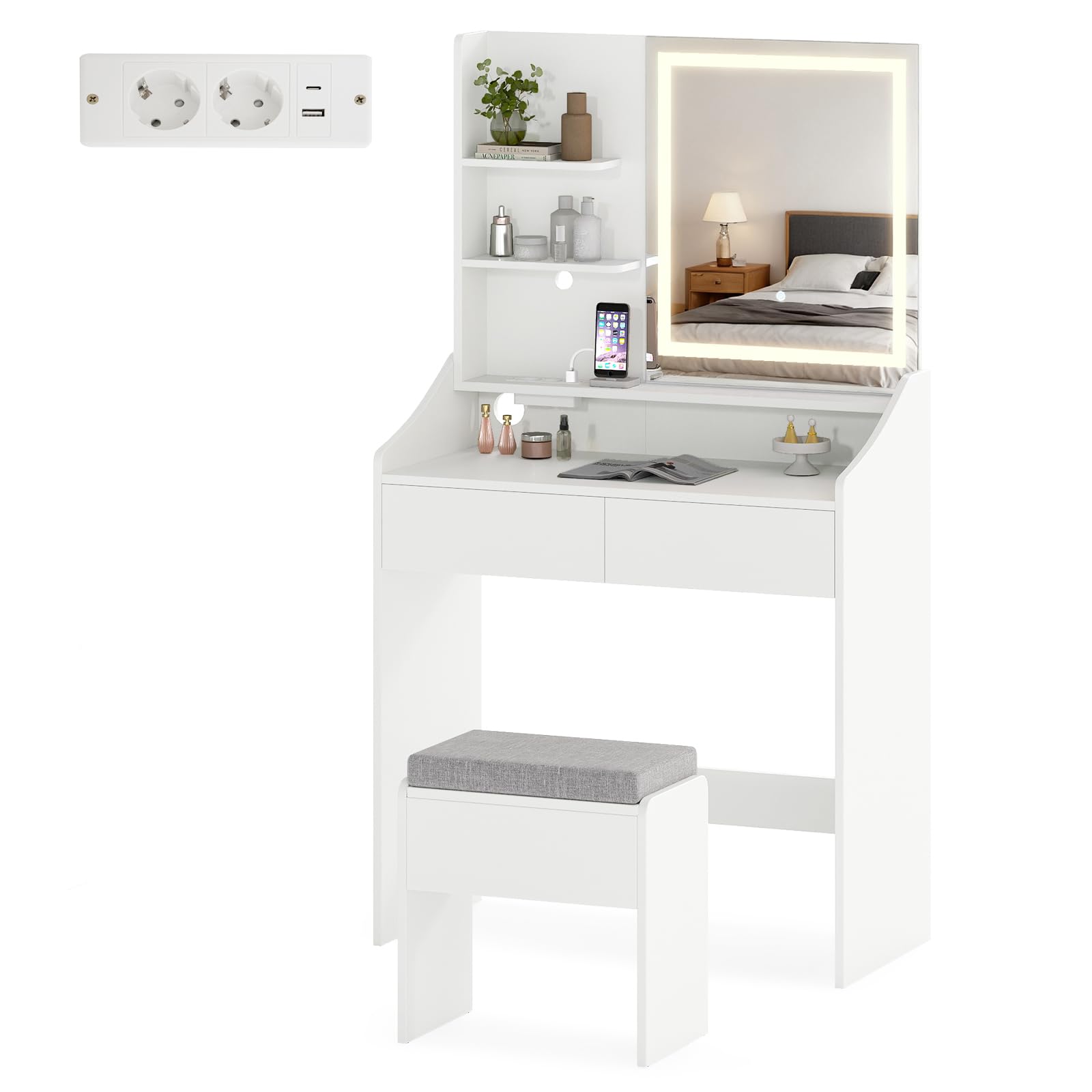 RELAX4LIFE Toeletta Trucco con Luci LED e Stazione di Ricarica, Tavolo da Trucco con Sgabello, 3 Colori di Illuminazione, Luminosità Regolabile, 3 Ripiani e 2 Cassetti per Camera da Letto