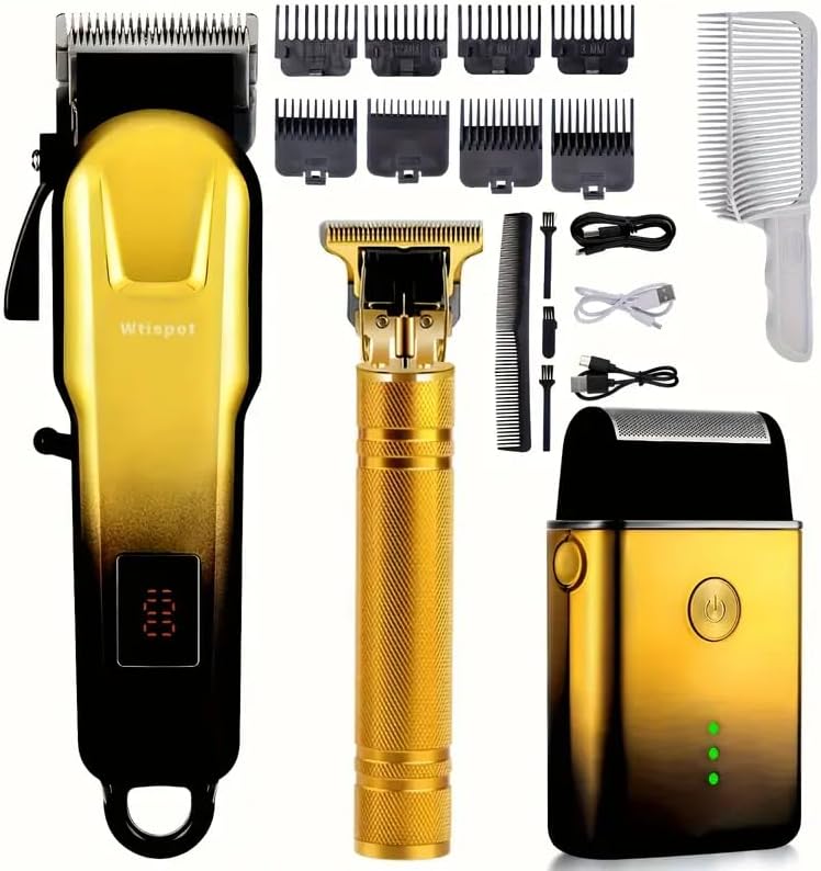 Professional Golden Hair Clipper & Trimmer Set - USB Rechargeable Hair Cutting Kit with LCD Display (B)