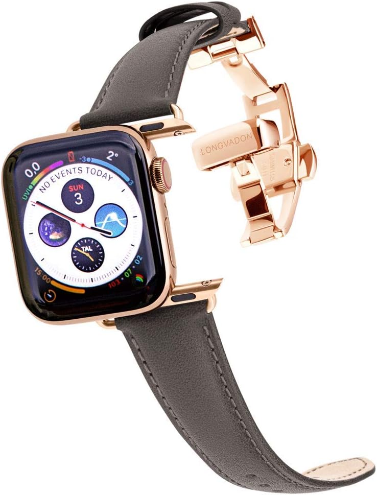 Longvadon Women's Classic Series Watch Band - Compatible with Apple Watch 38MM (Series 1-3), 40MM (Series 4-6) & 41MM (Series 7-8) - Genuine Full Grain Leather - Shark Gray with Gold Details - M Size