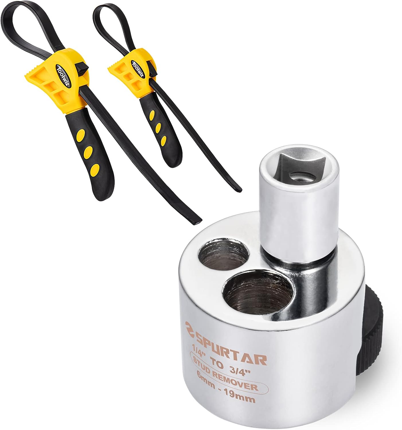 Rubber Strap Wrench Set Jar Opener + Spurtar Stud Remover Fit 1/4" to 3/4" (6 to 19mm) Bolt Extractor Nut Splitter With Knurled Roller and Cam Lock, Stud Extractor Tool For Broken Bolt Remover or Seiz