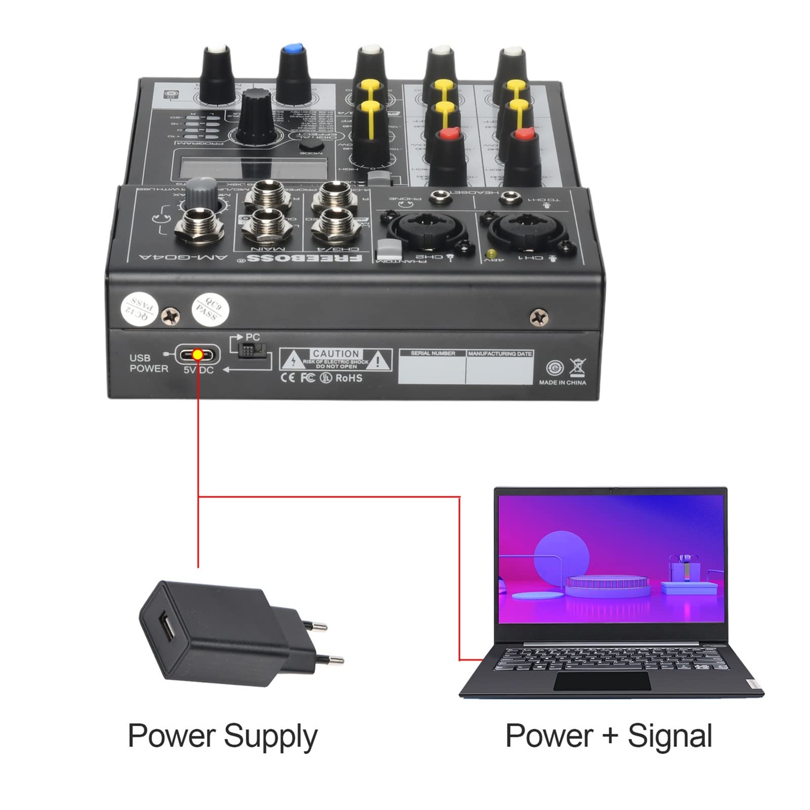 Kontroler miksera DJ Sound Audio Mixer 4 Channels 88 DSP Effects Mixing Console Smartphone Computer Bluetooth USB Record Play DJ AM-G04A do streamingu/podcastów/gier, telefonu, komputera(Wit)