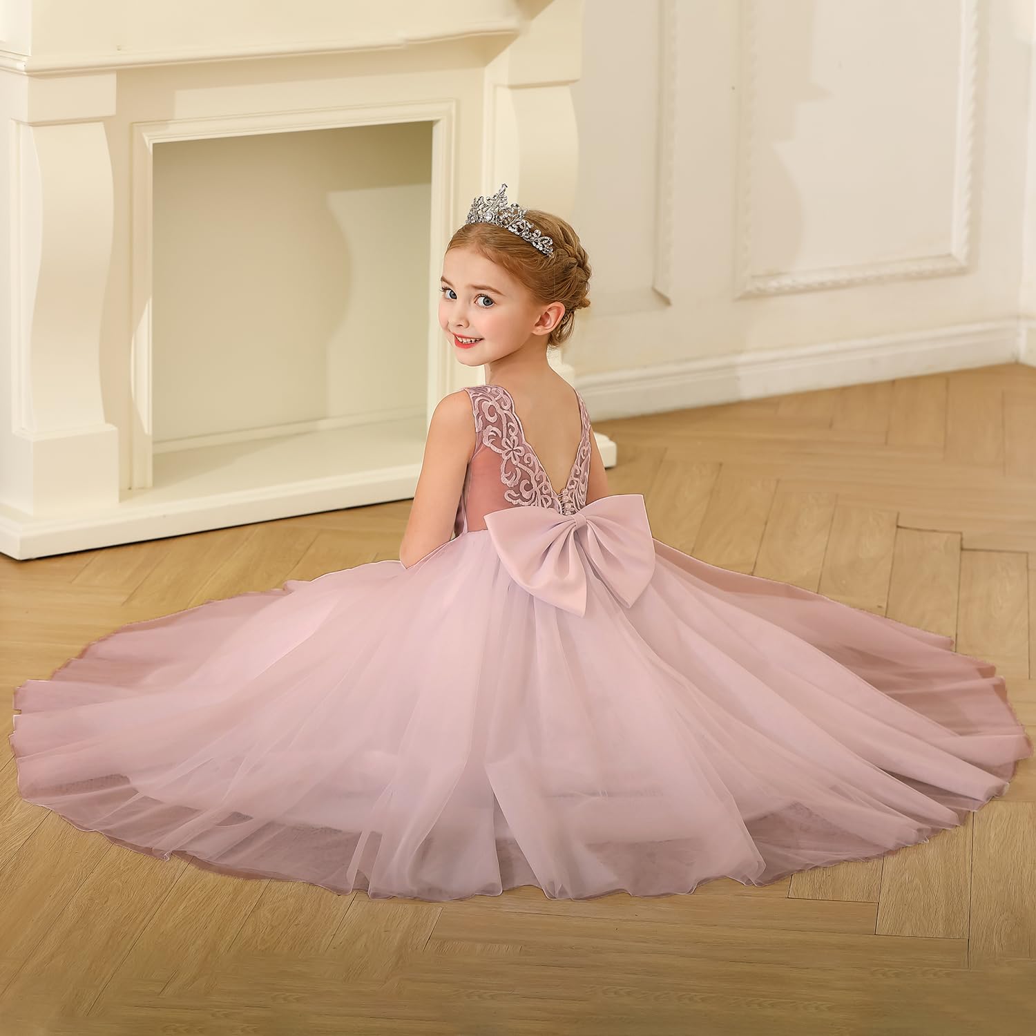 PLWEDDING Robe élégante en dentelle brodée pour fille florale pour mariage, enfant, dos en V, robe de bal avec nœud