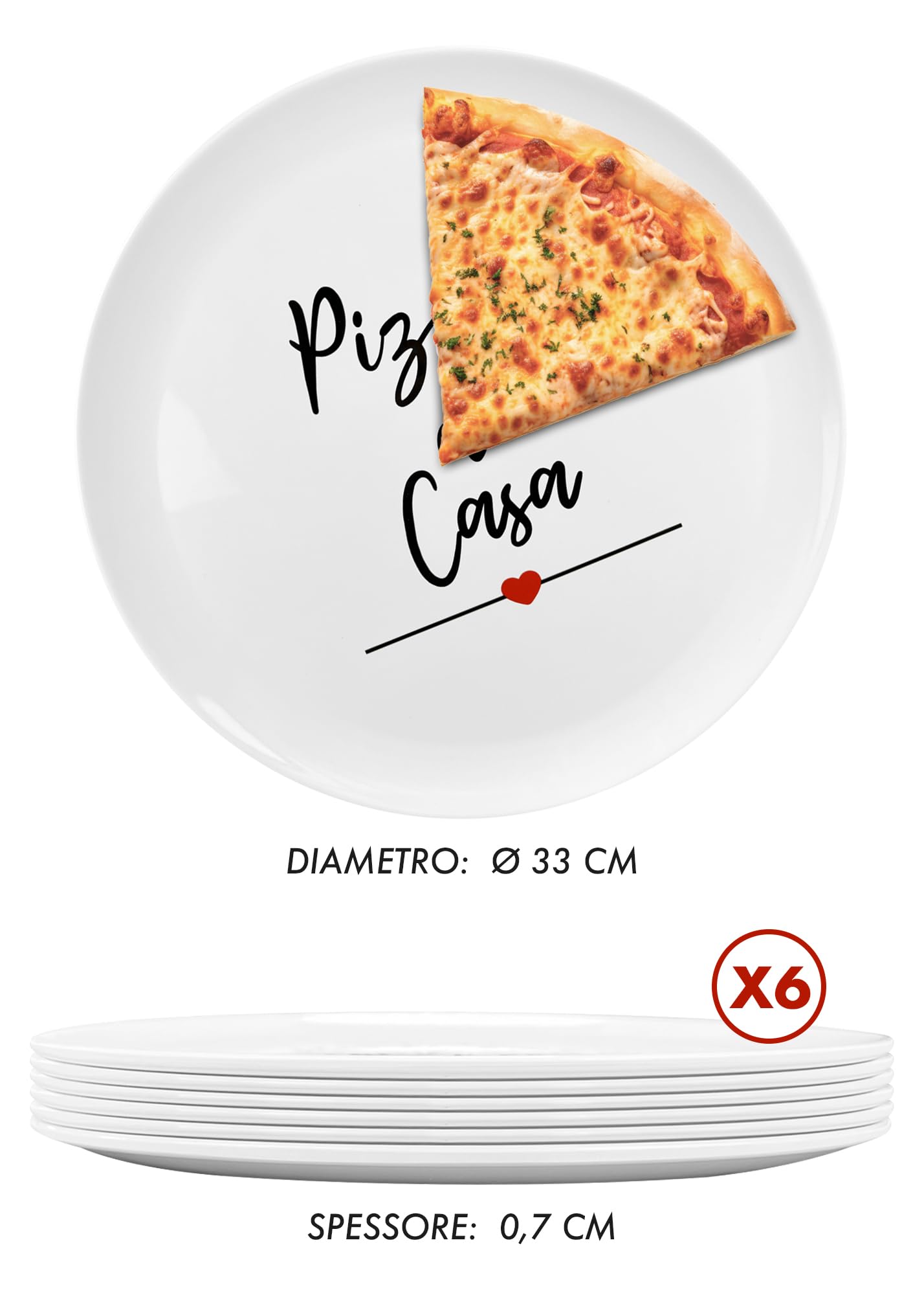 IlGruppone Set di 6 Pezzi Piatti per Pizza Grandi in Melamina Ø 33 Cm Piatto Cucina Pizze Piatti Piani XXL Decorati con Scritte Moderni Certificati Contatto Alimentare