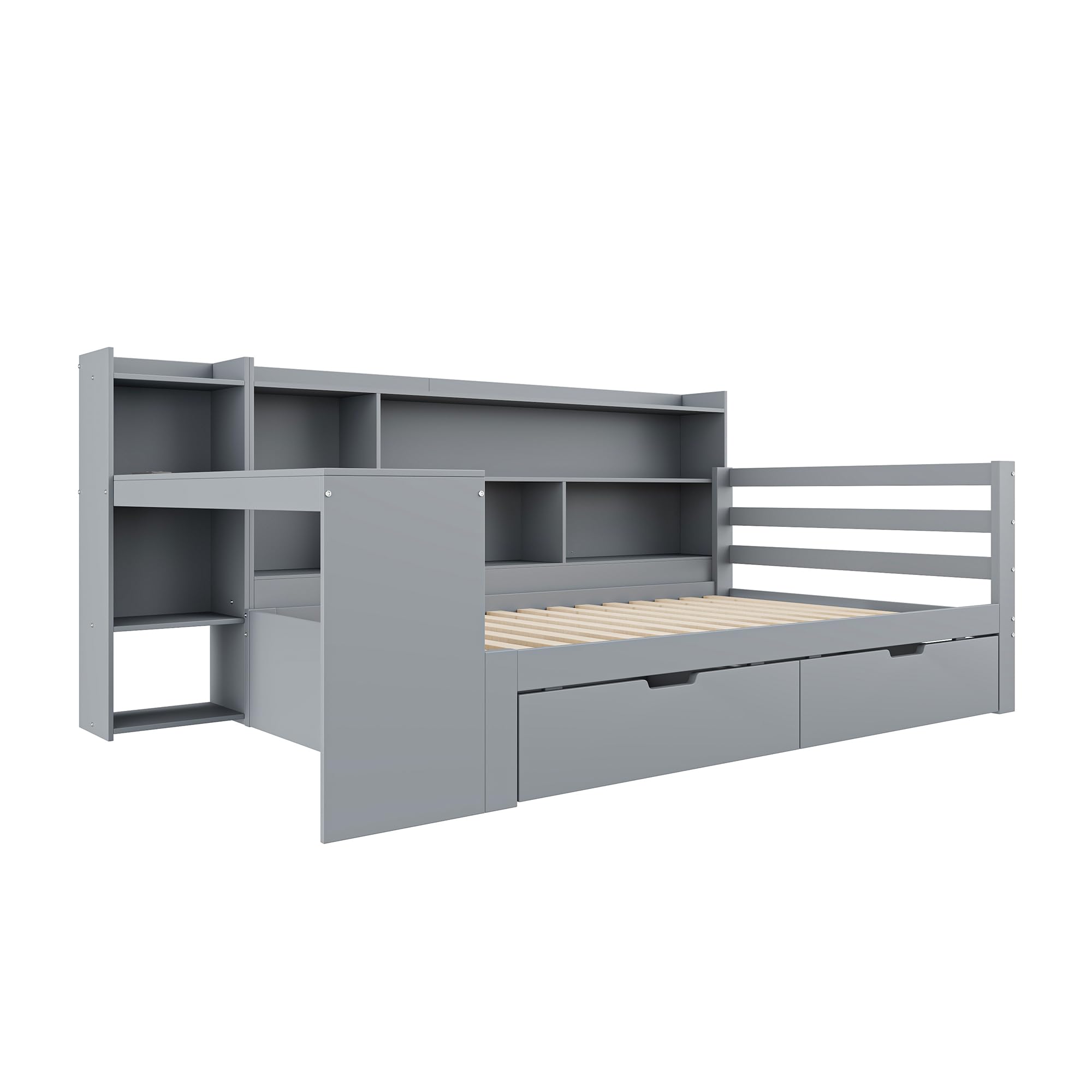 Wielofunkcyjna sofa z funkcją spania z litego drewna z wbudowanym biurkiem, gniazdkiem i miejscem do przechowywania – zajmuje mało miejsca 90 x 200 cm, w kolorze szarym do salonu, pokoju gościnnego