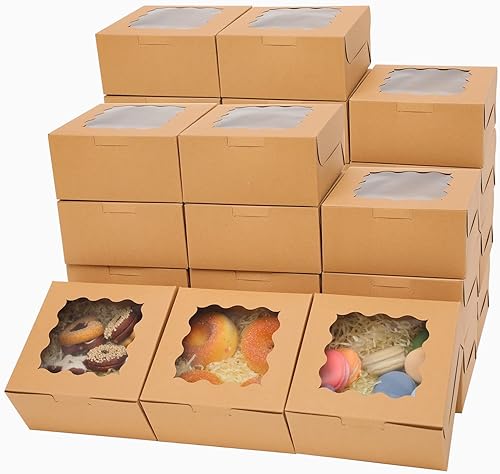 60 cajas de repostería Kraft con ventana de 6 x 6 x 3 pulgadas de grosor y resistentes cajas de pastelería macarrones para panadería