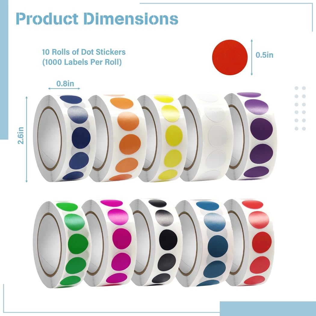Round Adhesive Dot Stickers, 10 Rolls (10,000 Pcs), Writable Colored Labels, 0.5-Inch Circles for Files, Shelves, Organizing Projects
