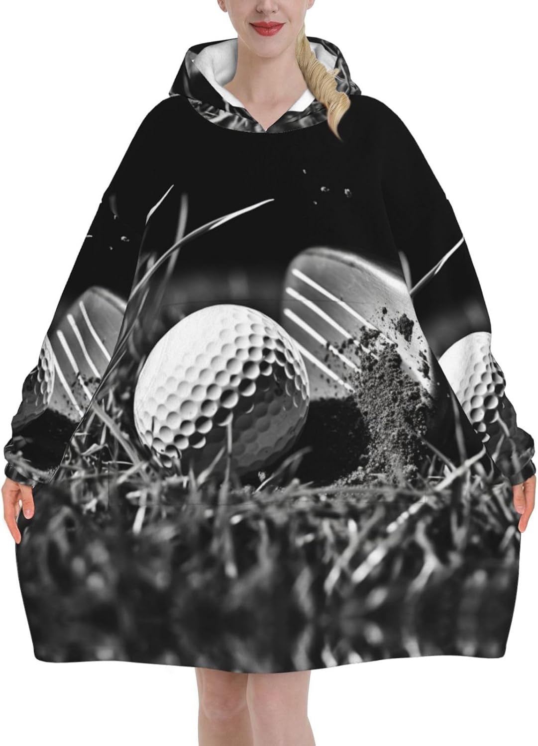 Golf Ball Print Blanket Hoodie Fleece Sweatshirt Blanket With Sleeves And Pockets