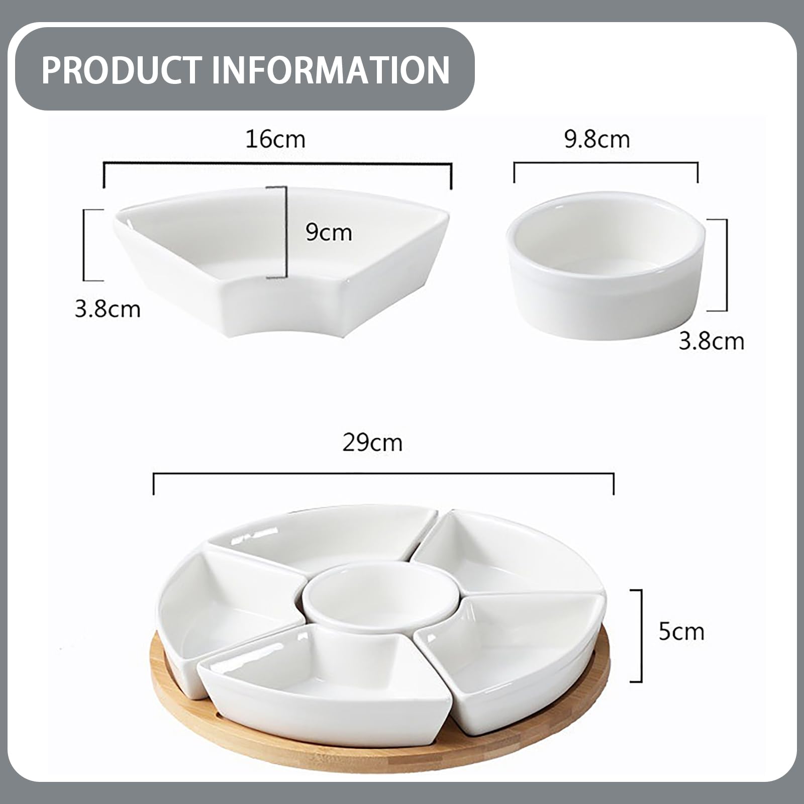 Piatto da portata rotante, set di 6 piatti + vassoio rotante in bambù + coperchio in bambù + forchetta per frutta, 6 ciotole in porcellana bianca e un vassoio in bambù (29 x 29 x 5 cm)