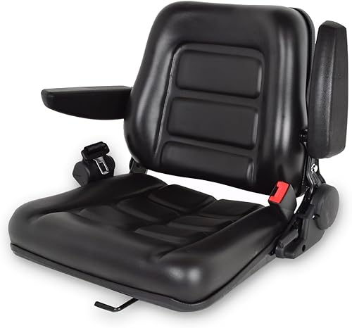 Asiento de carretilla elevadora universal plegable para tractor, cortacésped de PVC negro con ángulo de respaldo ajustable de 180, reposabrazos,