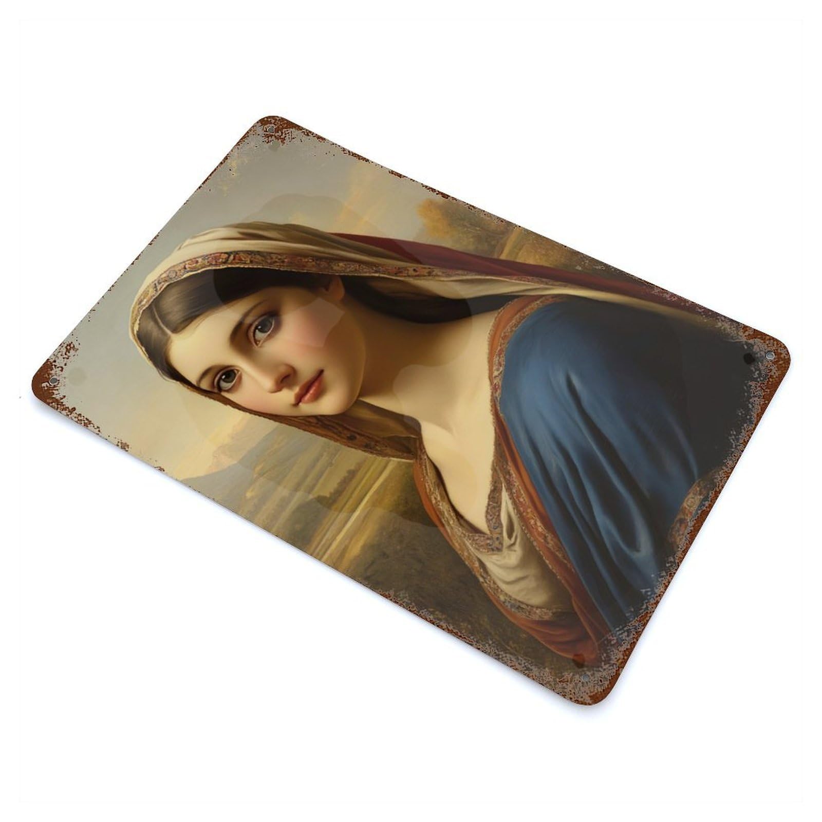 Portrait of A Woman in A Blue Dress Weathered Tin Sign 11.8"x7.9", Novelty Wall Decor for Garage, Pub Or Kitchen