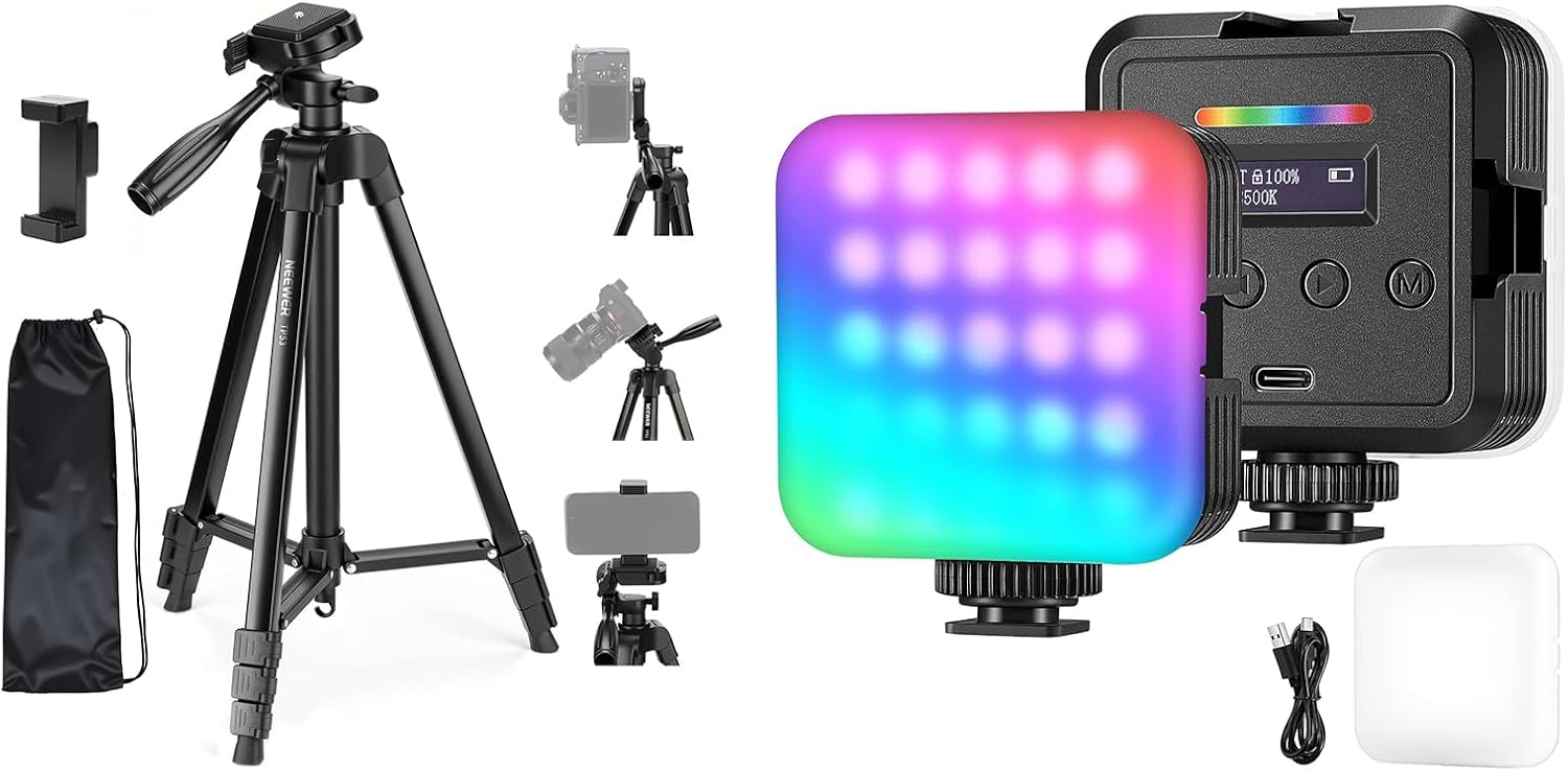 NEEWER Entry Level Version TP53 Tripod for Cell Phone & Camera + Magnetic RGB Camera Light, Metal Lightweight Portable Travel Stand Compatible with iPhone for Video Recording Filming