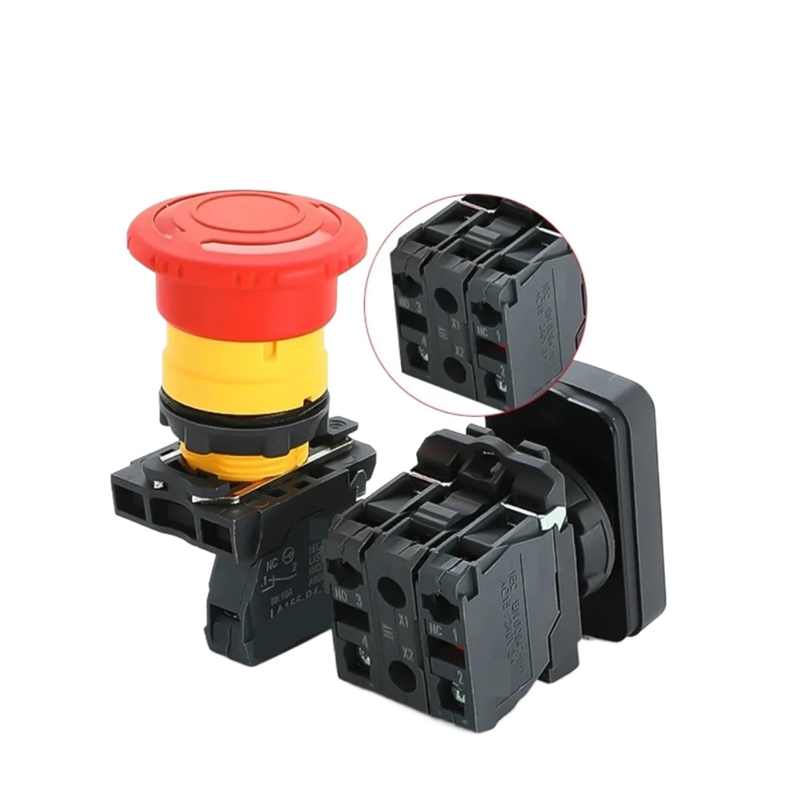 1 interruptor de botón de parada de emergencia XB4 de 22 mm, doble botón con luz, momentáneo, de reinicio automático, tipo hongo, 10 A.(Double No Light A,2NC,24 V)