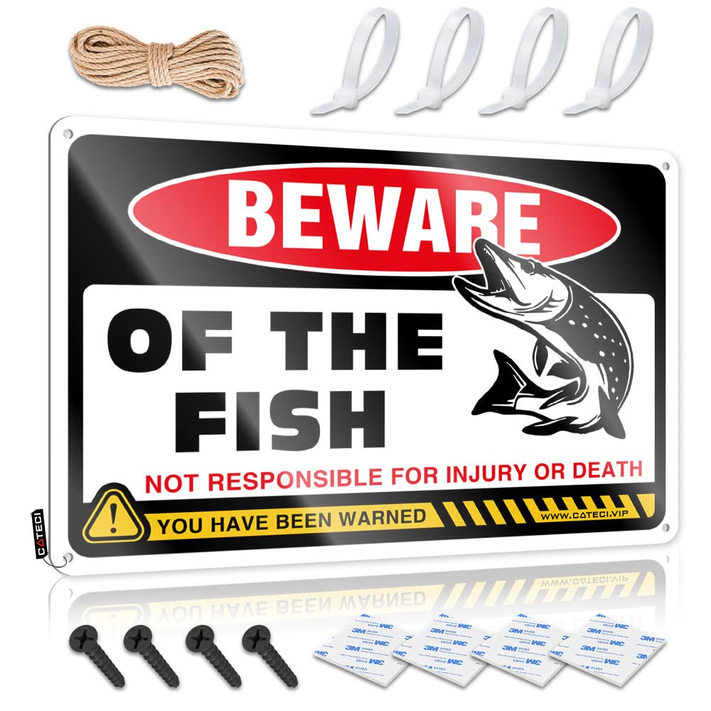 IBWNBBUSN Funny Outdoor Signs Beware Of Fish Tin Sign Pool Zone Tin Sign Bar Accessories Man Cave(30X40CM)