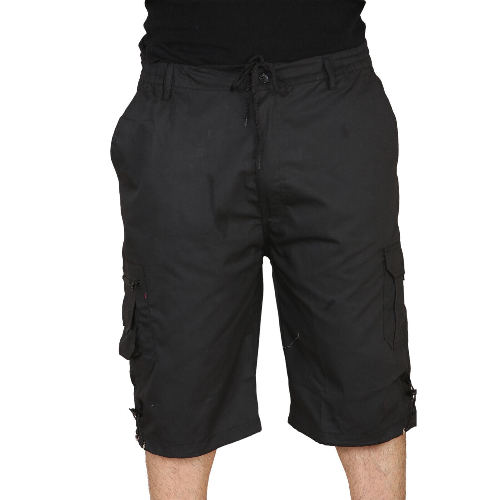 MyShoeStore Men's Cargo Shorts Three Quarter Length Twill Fabric with 6 Pockets Elasticated Waist Drawstring Flat Front Black 4XL