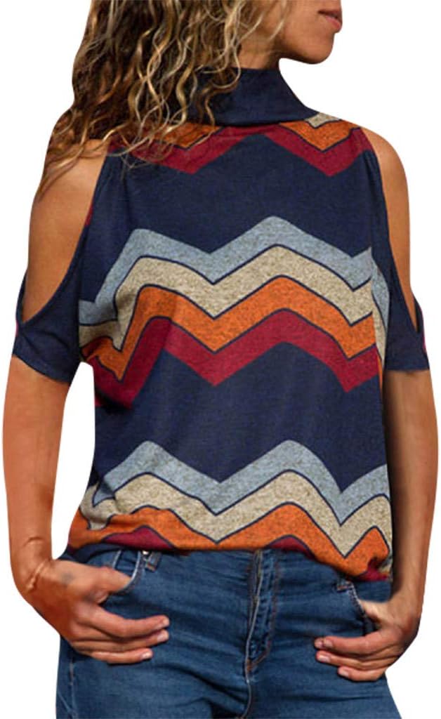 Women Fashion Cold Shoulder Short Sleeve Geometric Floral Print Top Blouse Tronet Summer Tops for Women 2019 Prime