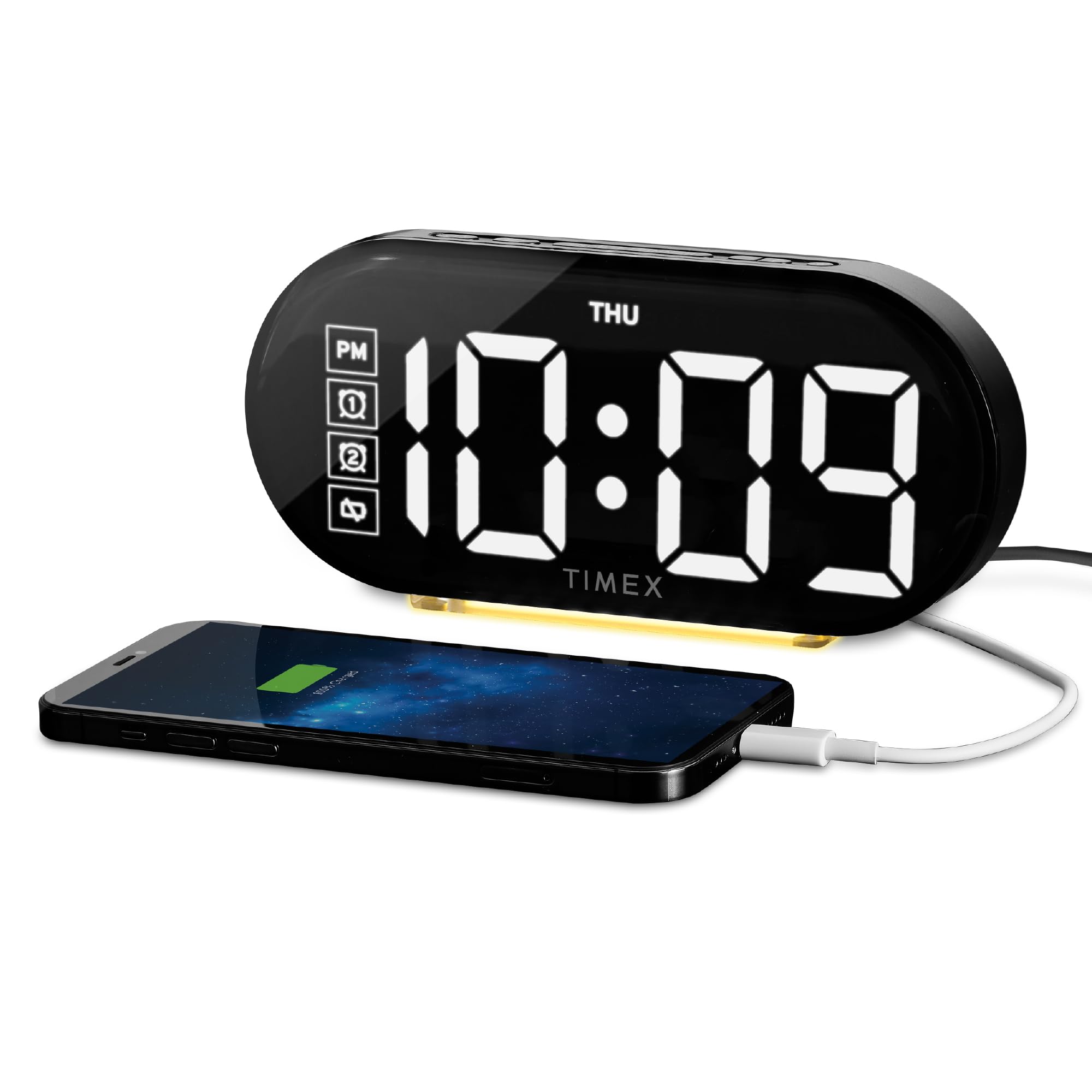 Timex Alarm Clock with Large Display, Night Light and USB Charger - Black (T338)