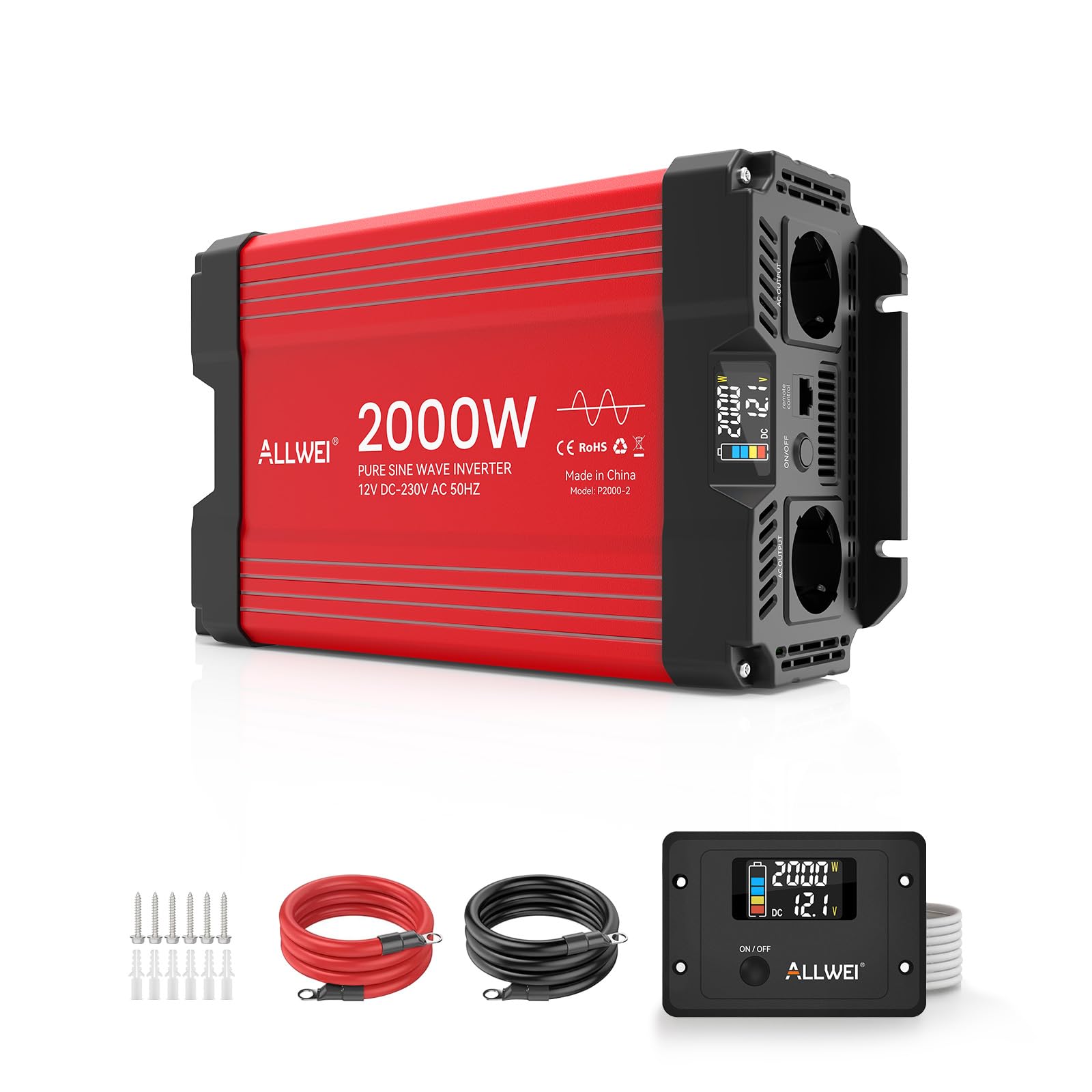 ALLWEI Czysty falownik sinusoidalny 2000 W, 12 V na 230 V, do domu, przyczepy kempingowej, ciężarówki, niezależnych od sieci instalacji solarnych, falownik 12 V 220 V, moc szczytowa 4000 W