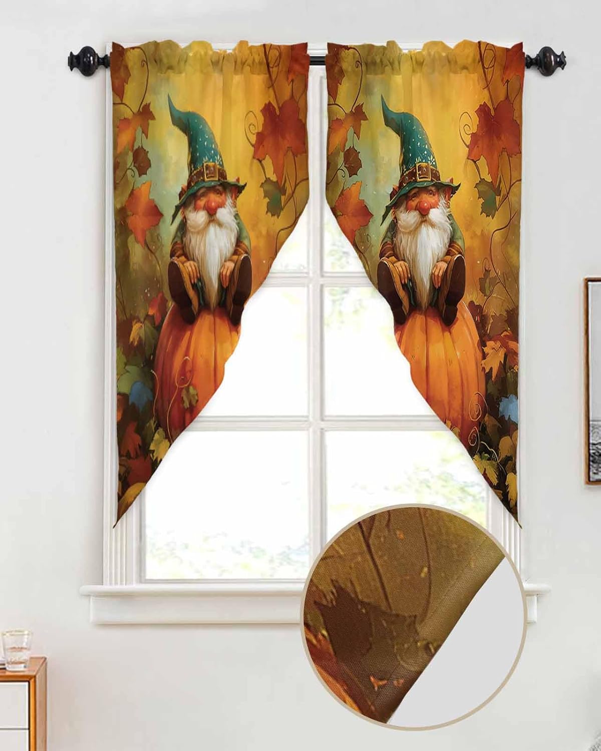 Curtain Swag Valance for Kitchen, Cute Maple Leaf Pumpkin Gnome Valance Window Treatment Curtain, Rod Pocket Swag Curtains Tier for Bathroom Farmhouses Bedroom Decor 28"x36"x2