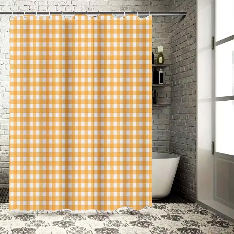Duschvorhang mit gelbem und weißem Gingham-Muster für Badezimmer – wasserdichtes und langlebiges Badezimmervorhang-Set mit Haken180x250cm/71x98in(Breite x Höhe)