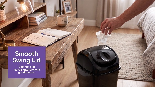 Image of Superio Small 2.5 Gallon Plastic Trash Can with Swing Top Lid, Compact Slim Waste Bin for Under Desk, Office, Bedroom, Bathroom, Dorm Room, 10 Qt. Portable Garbage Can (Black)