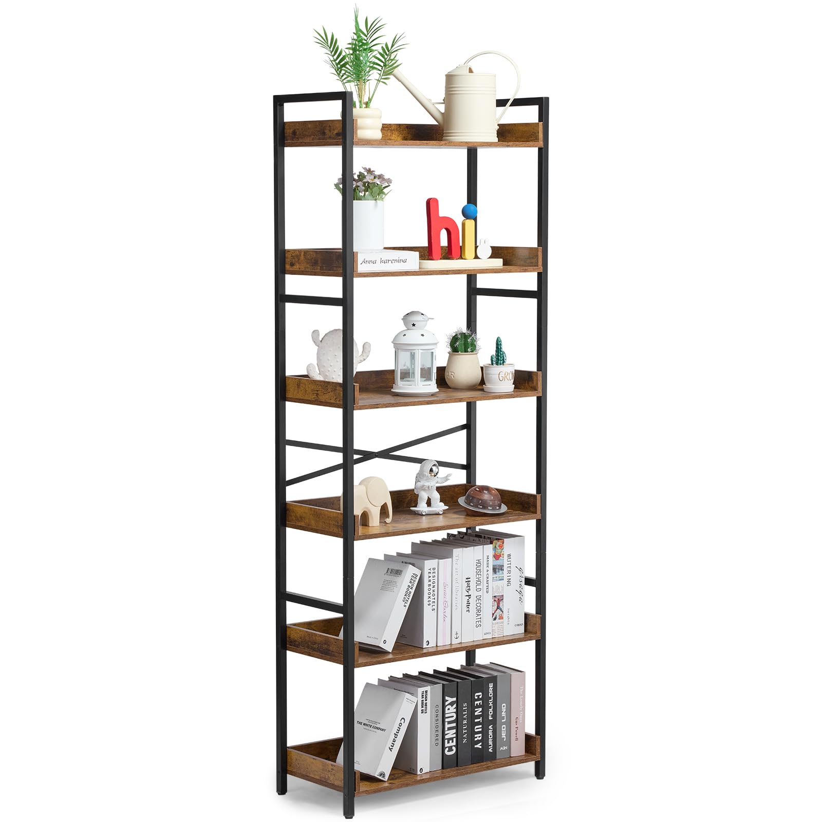 VEVOR Metal Bookshelf, 6-Tier Industrial Bookshelf, Tall Wide Rustic Vintage Storage Bookcase with Open Shelves, Freestanding Display Shelving Unit