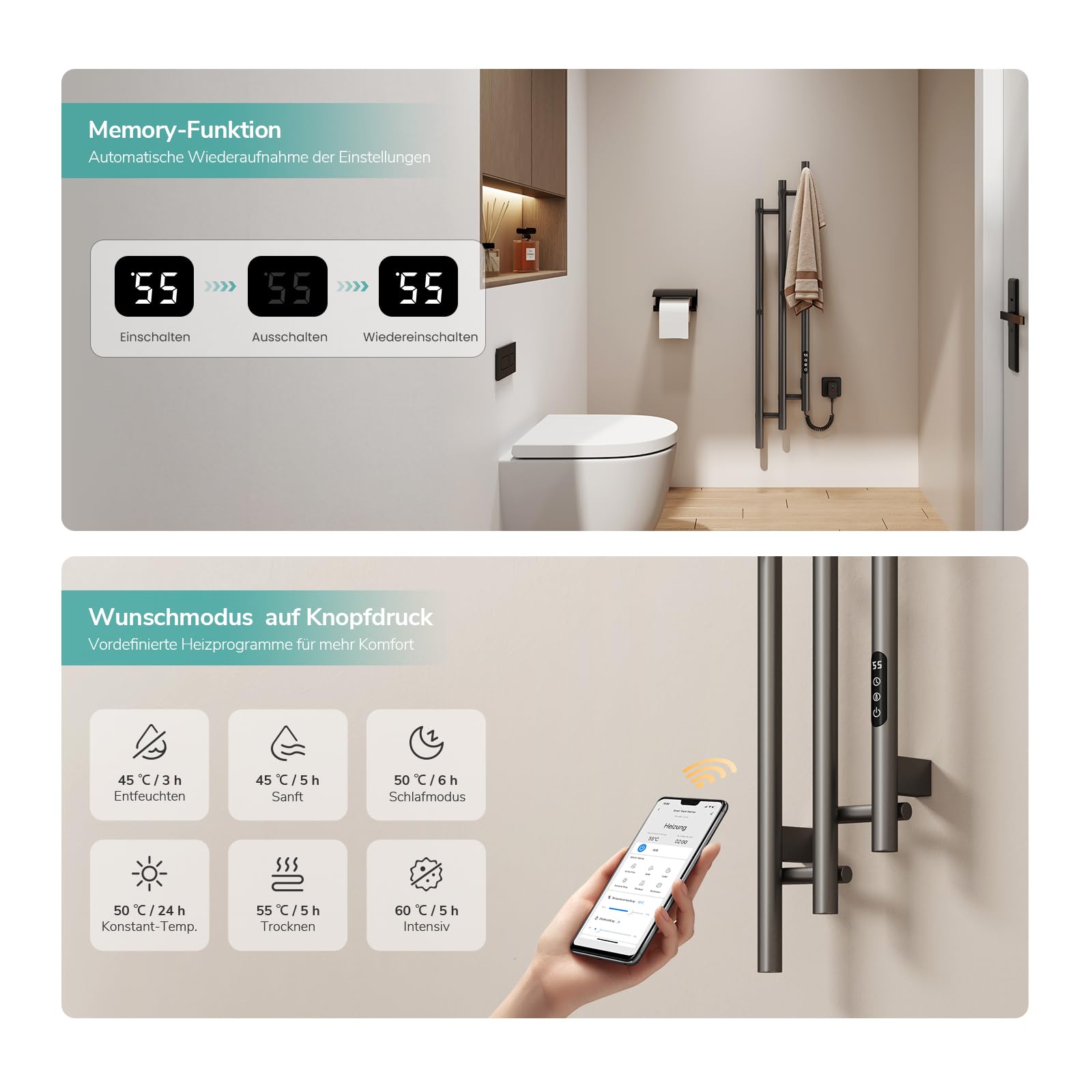 EMKE Elektrischer Handtuchheizkörper 1150 x 216 mm, Design-Handtuchwärmer mit WiFi-App-Steuerung, Badheizkörper mit 6 Haken, 220 W, IP45, Grau