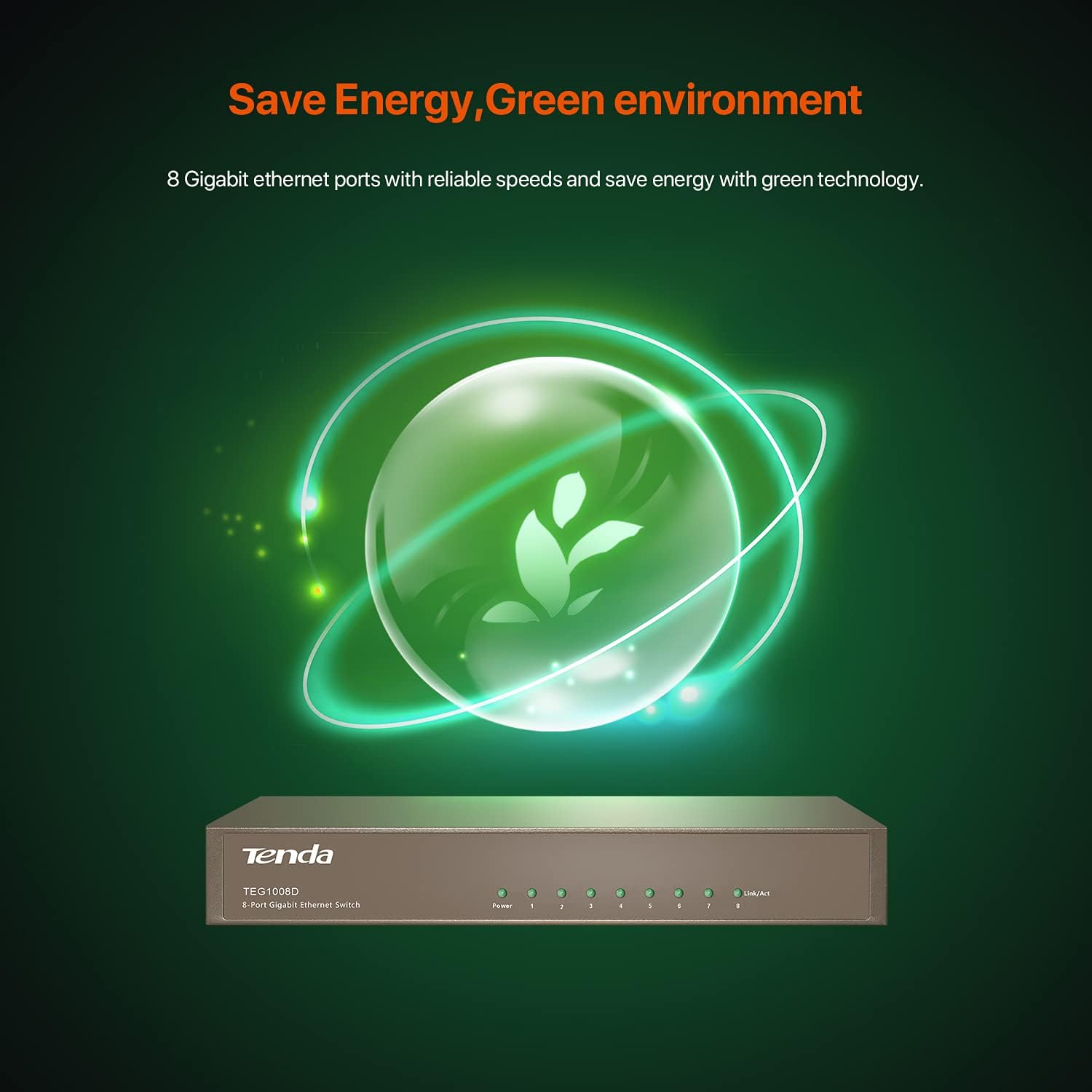 Tenda TEG1008D | 8-Port Gigabit Ethernet Switch | Desktop Network Splitter | Sturdy Metal | Unmanaged | Plug & Play | Monitor Mode | 4KV Lightning-Proof | Limited Lifetime Protection