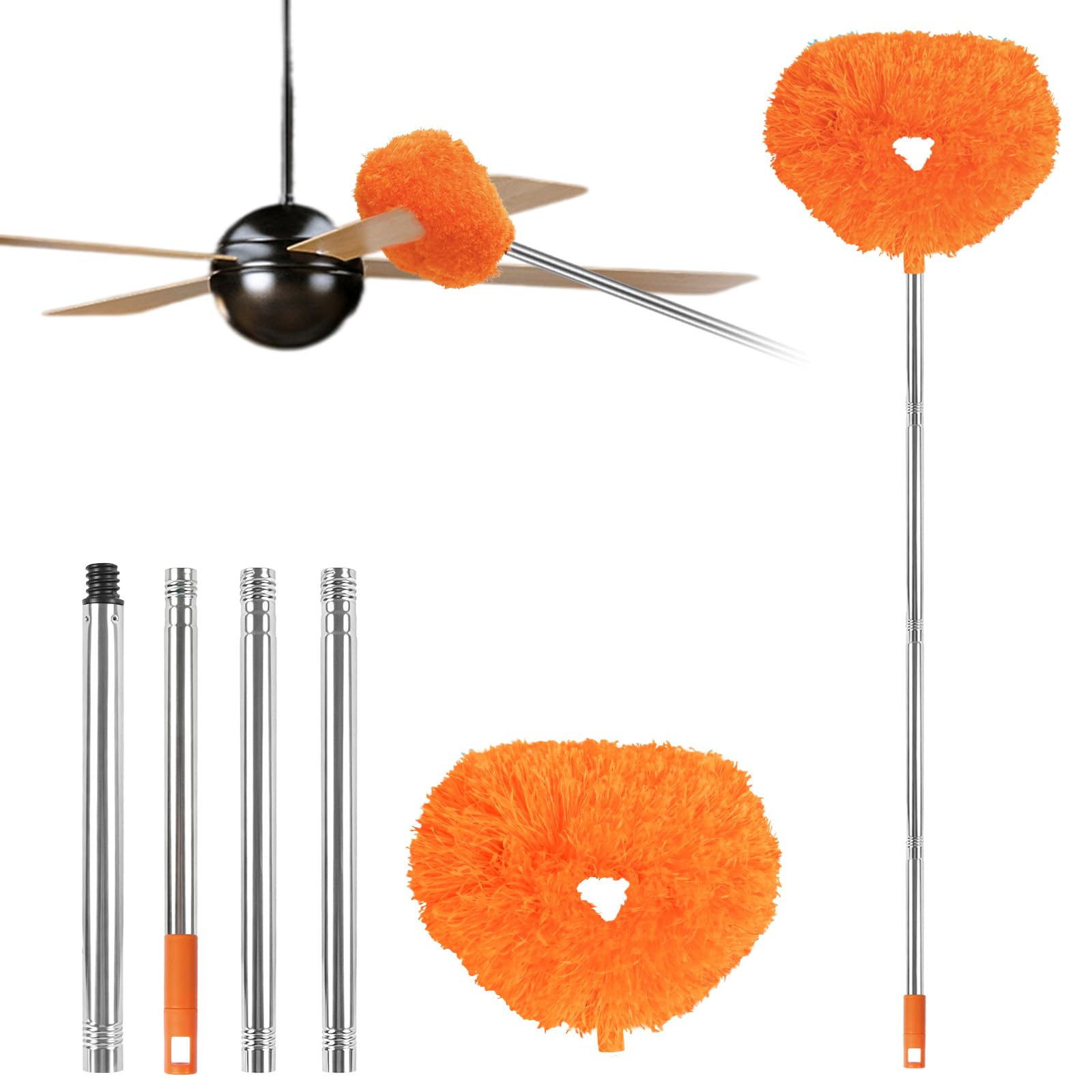 Ceiling Fan Cleaner Duster Reusable Microfiber Ceiling Fan Blade Cleaner Removable Duster with Extension Pole Adjusts 13 to 49.7 Inch for Cleaning Walls Bookshelves Furniture Door Window Top (Orange)