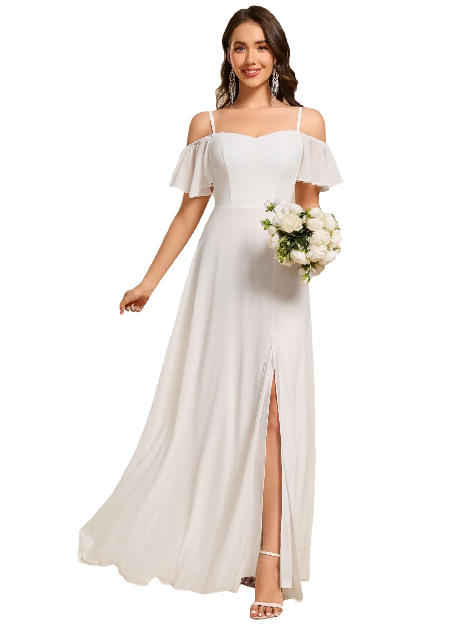 Ever-Pretty Vestido de Noche Largo Gasa con Hombros Descubiertos y Volantes para Mujer ES00237-P