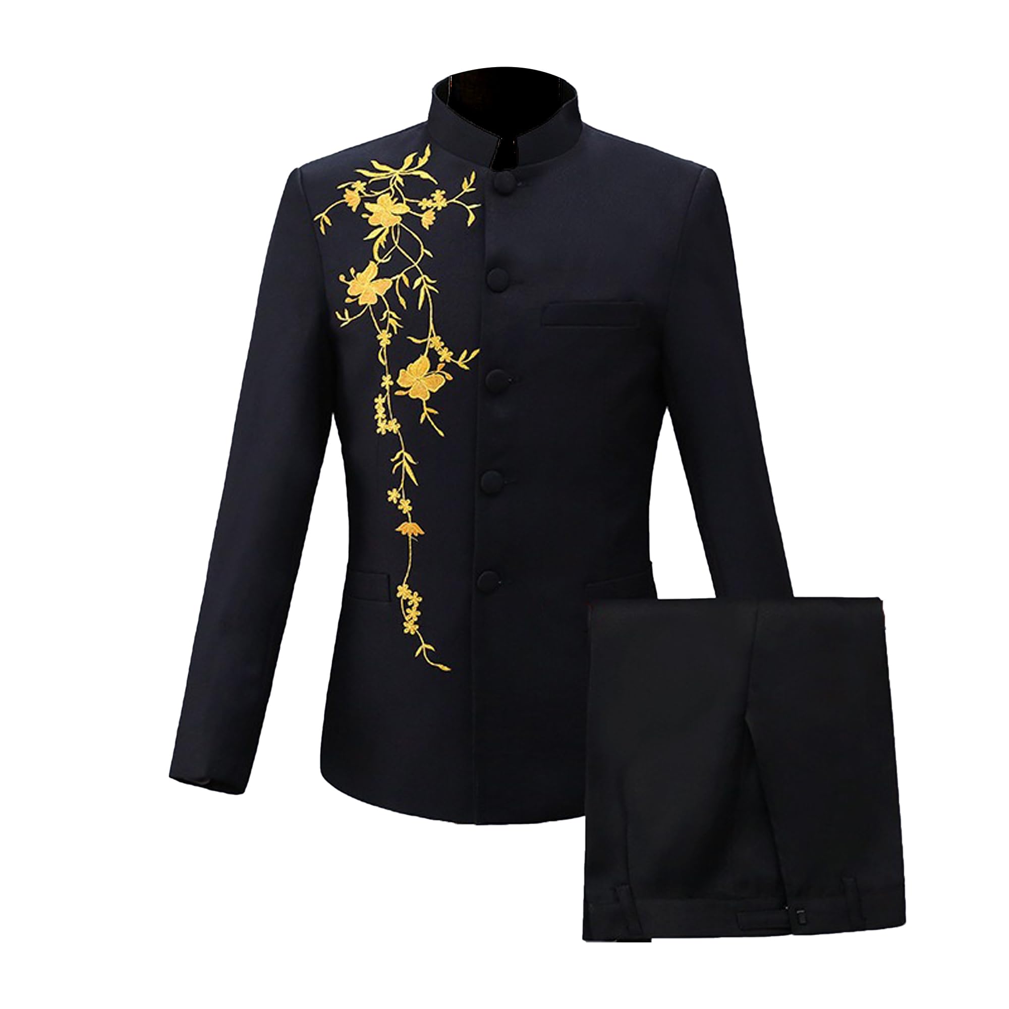 Maiyifu-GJ Men 2 Pieces Chinese Tunic Suit Mandarin Collar Blazer Set Button Jacket Pant Set Traditional Uniform Groom Dress