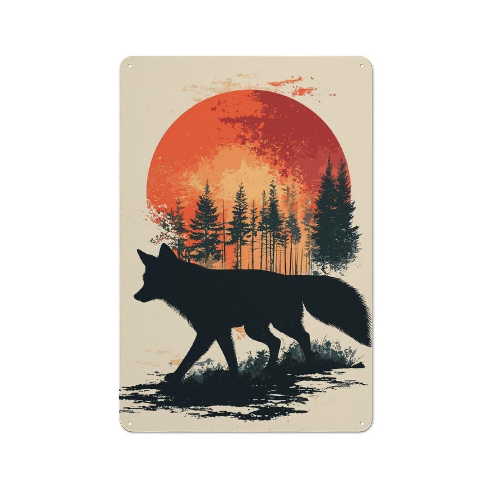 Junmoney Fox Silhouette Sunset Retro Metal Sign 30X20cm Featuring For Living Room Wall, For Vintage Wall Decor Fans, For Themed Room Decoration