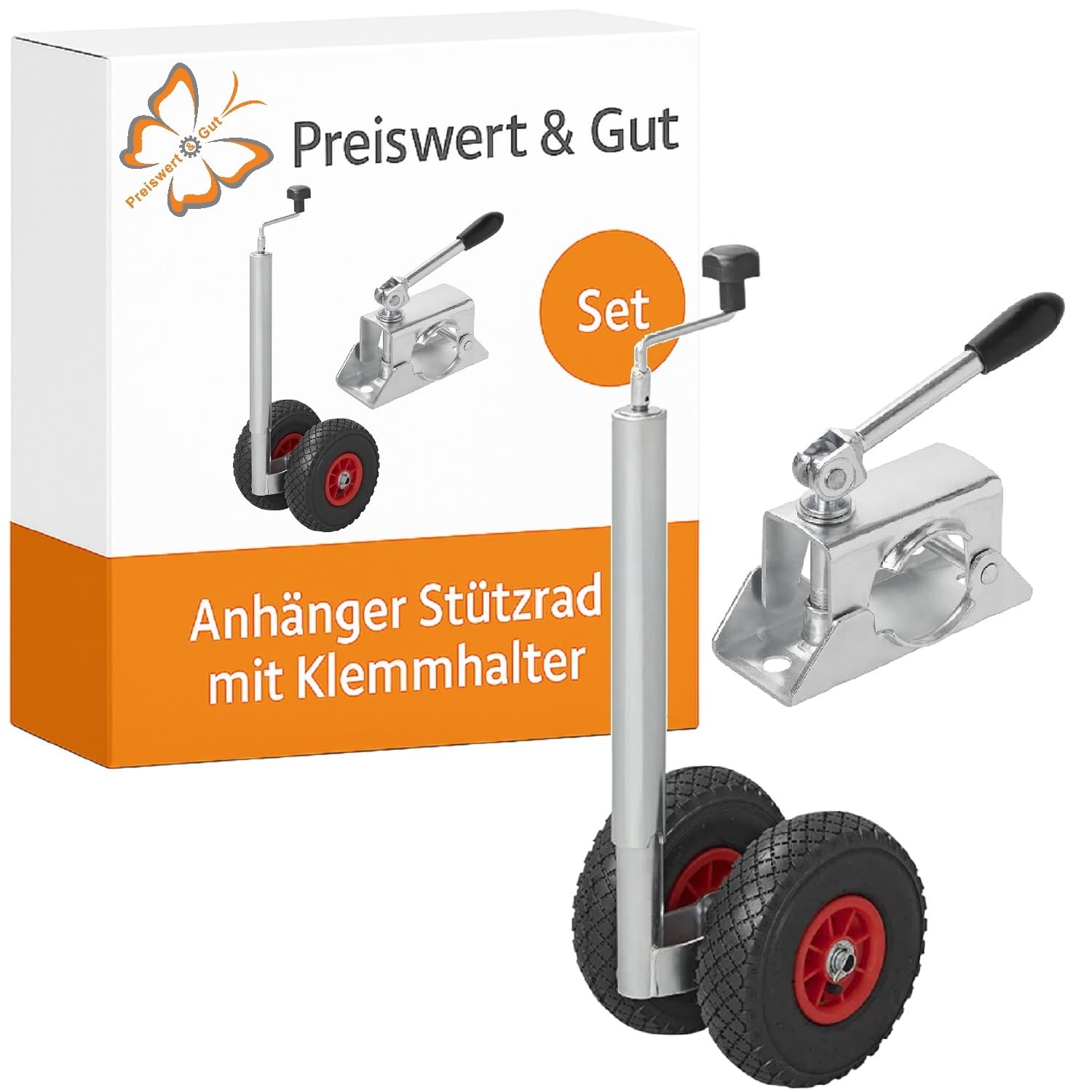 Preiswert & Gut Anhänger Zubehör Set – Stützrad Anhänger 260x85 mm Luft-Reifen Kunststoff-Felge bis 300kg Traglast – stützrad Halterung Ø 48 mm Stahl verzinkt Klemmschelle für Anhänger