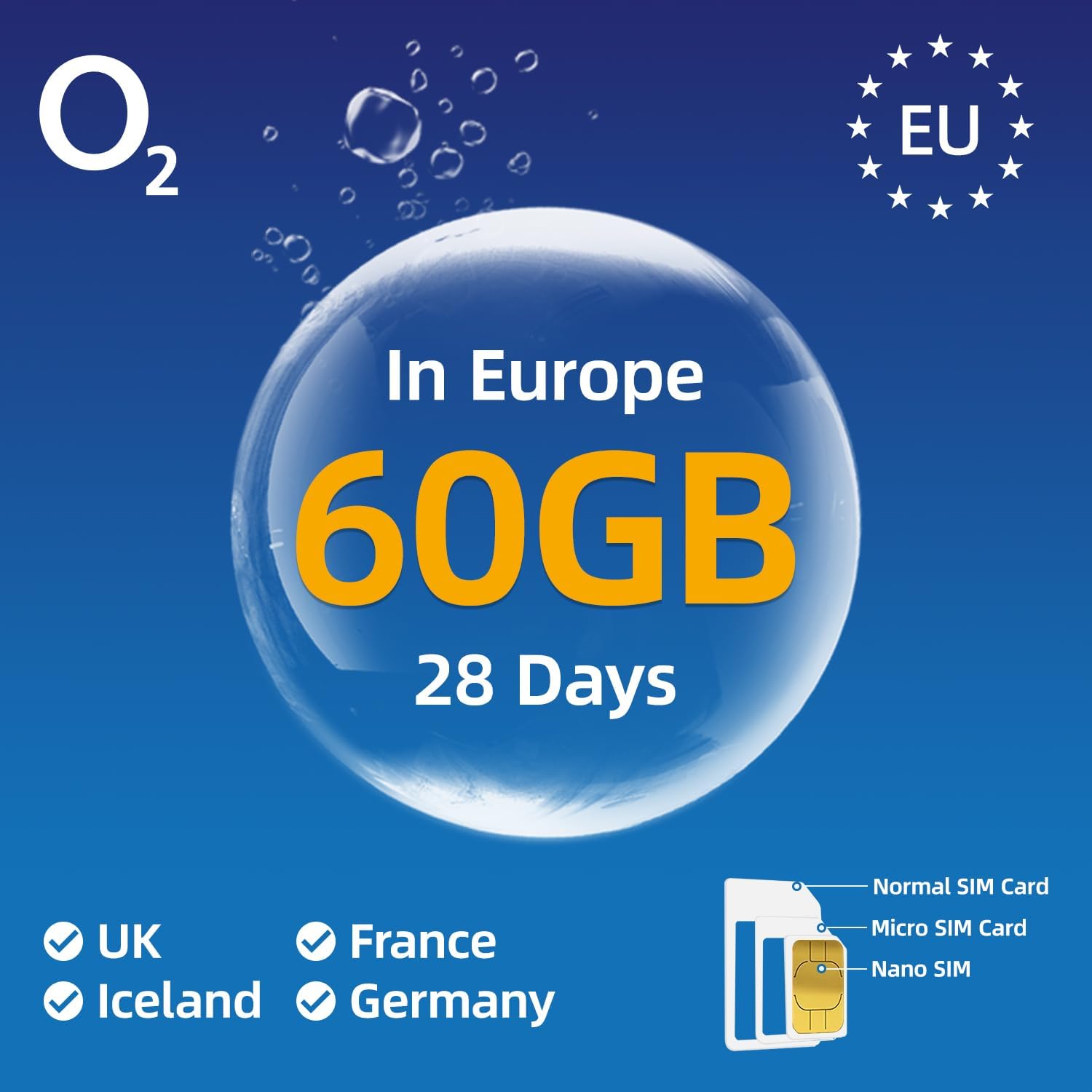 European Prepaid SIM Card 60GB High Traffic Card, O₂ International