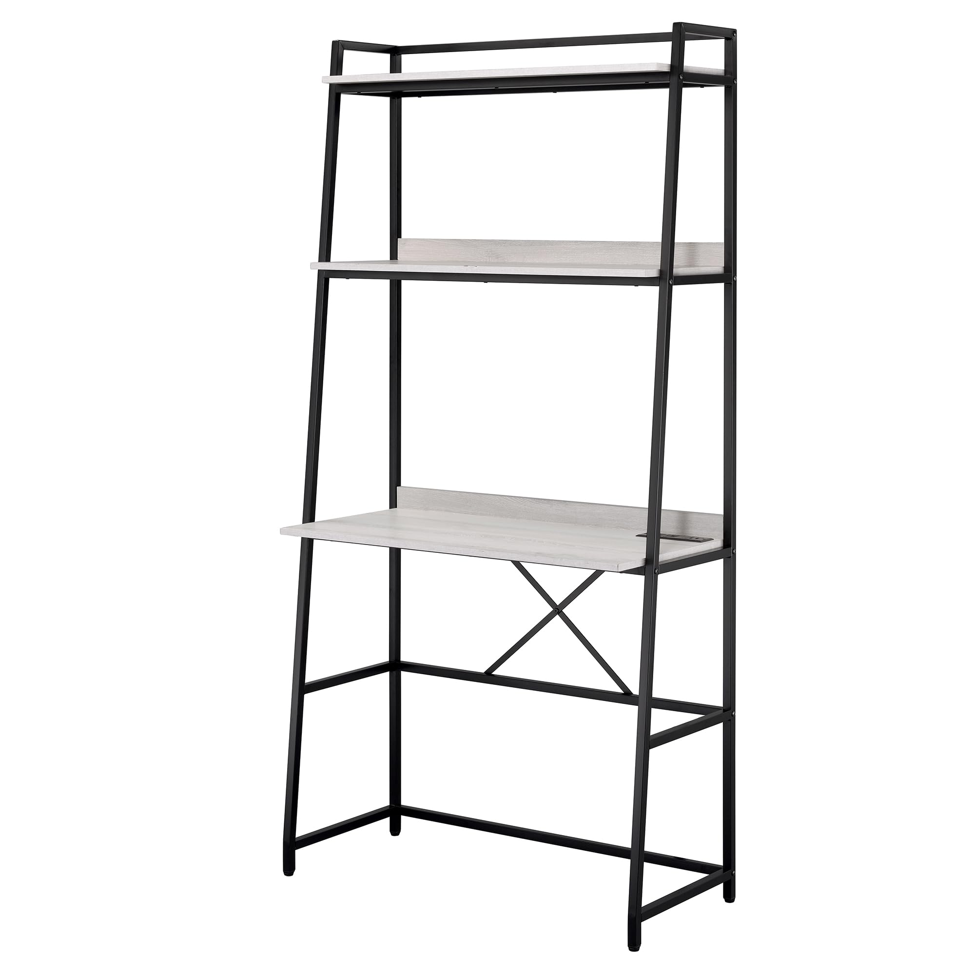 24/7 Shop at Home Rechae Transitional Metal 2 Shelves Writing Desk with USB Port, Power Outlet for Workstation, Home Office, Study Room, Oak Brown and Black