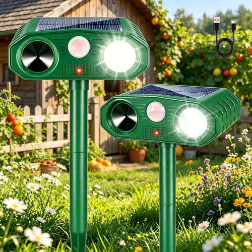 2 Pcak Solar Animal Repeller Outdoor Sonic Fortress Pro Deer Repellent Cats Repellent Outdoor with Motion Activated Strobe Lights Squirrel Fortress Pro for Garden, Yard, Lawn, Farm