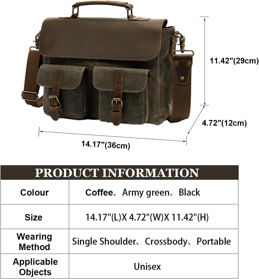 Mens Messenger Bag 15.6" Waxed Canvas Laptop Bag - Vintage Briefcase with Leather Accents,Unisex Office Crossbody Bag