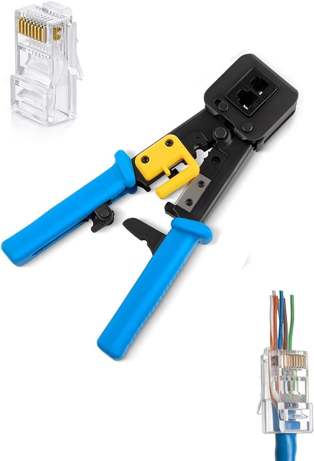 Modular RJ45 Crimp Tool for Pass-Through Connectors (Pass-Through Ethernet Crimper) with Built-in Wire Cutter and Stripper (Blue)