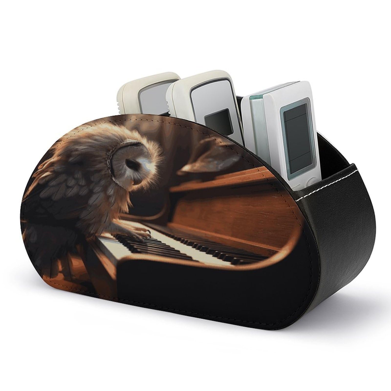 LDGSUPH Owl Plays Piano Remote Control Holder with 5 Compartments PU Leather TV Remote Caddy Storage Box Multi-functional Desk Storage Organizer Box Anti-slip Desktop Caddy