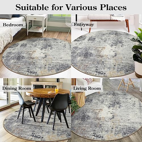 Lahome Modern Abstract Round Rug - 5Ft Grey Living Room Rugs Washable 5x5 Circle Rugs Indoor Dining Table Mat, Soft Non Slip Low Pile Office Carpet for Bedroom Playroom Kitchen Coffee Table