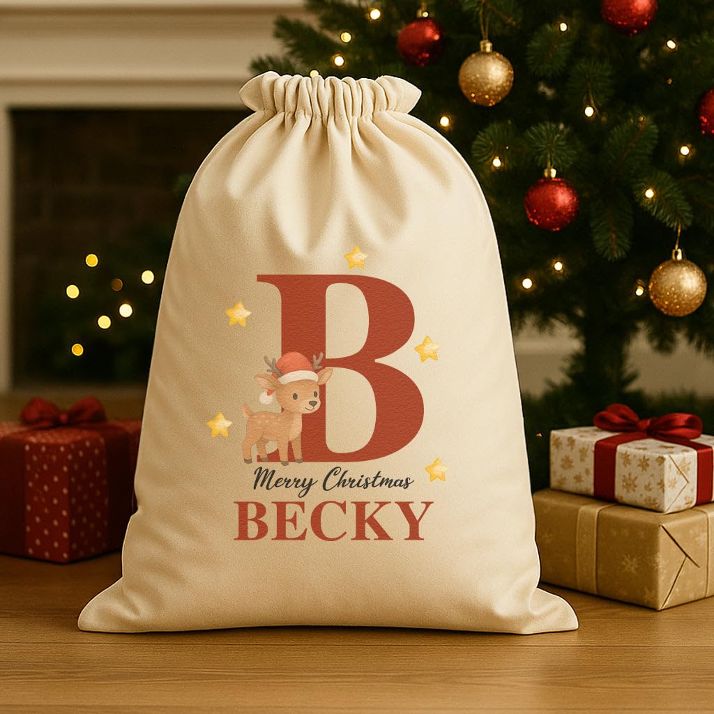 The Gift Project Personalised Christmas Baby Reindeer Initial and Name - Christmas Santa Sack