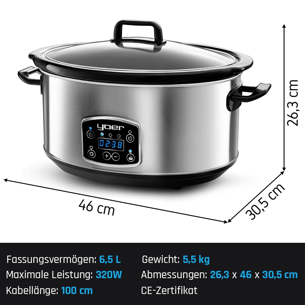 Yoer Clever-Cook SC6502S, Slow Cooker, 320W, 6,5L, Multifunktional, ECO, 16-Stunden-Timer, LCD-Display, Temperaturhaltefunktion, 3 Betriebsmodi, Herausnehmbarer Keramikeinsatz, Antihaft-Beschichtung