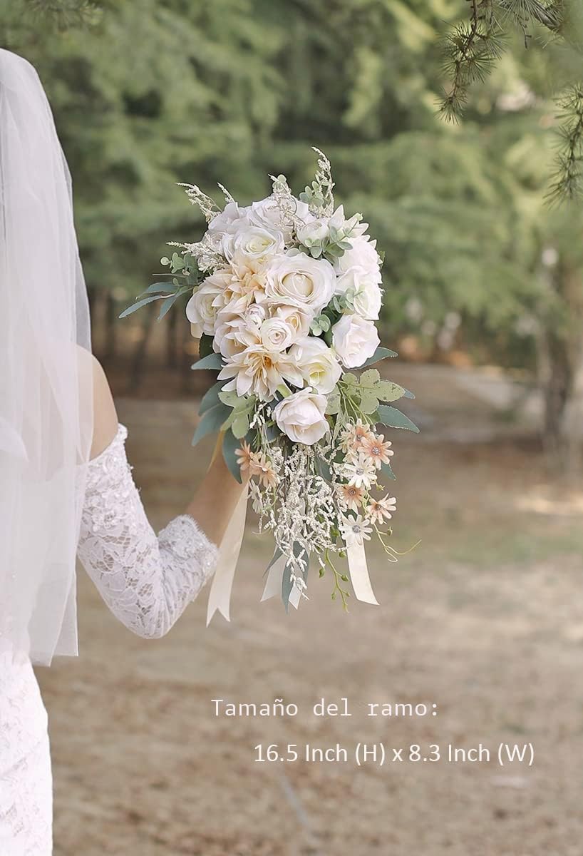 Ansofi Ramos de Boda para Novia, Ramos en Cascada para Novia, Ramo de Novia Artificial de Rosas Beige, para Ceremonia de Boda Bohemia rústica, Aniversario