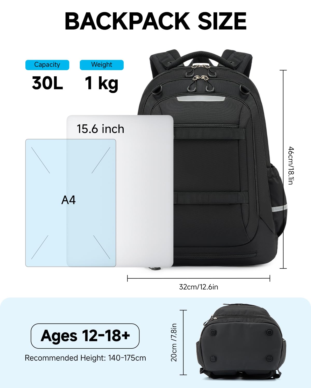 Amythe Zaino Ergonomico Adolescente Ragazzo Cintura Rimovibile | Zaino Ergonomico Adolescente 30L Scuola Rete Richiudibile 5a-13a Viaggio Sport