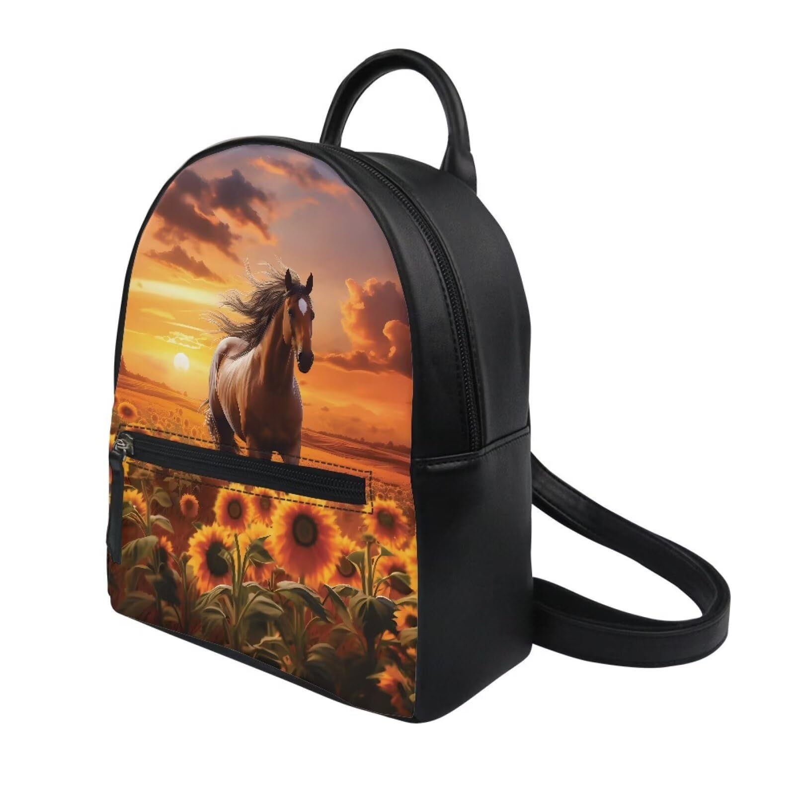Amzbeauty Horse Sunflower Print Mini Purse Backpack For Women Leather Casual Lightweight Small Daypack Shoulder Bag