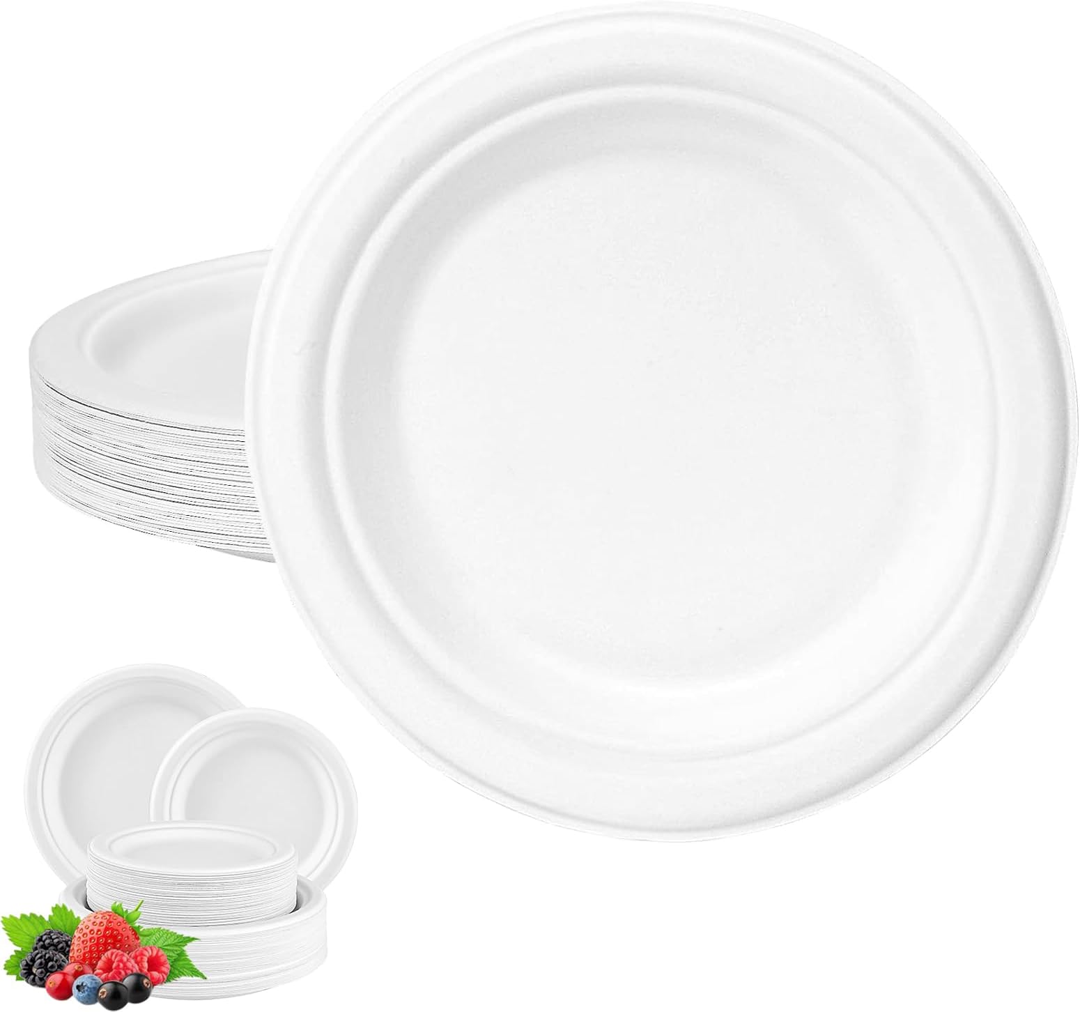 Super Rigid Bagasse Plates Eco-Friendly Compostable Biodegradable Plates 6inch/15cm,50Pack Sturdy Sugarcane Plates White Round Party Plates Disposable Strong Paper Plates Heavy Duty for Hot/Cold Food