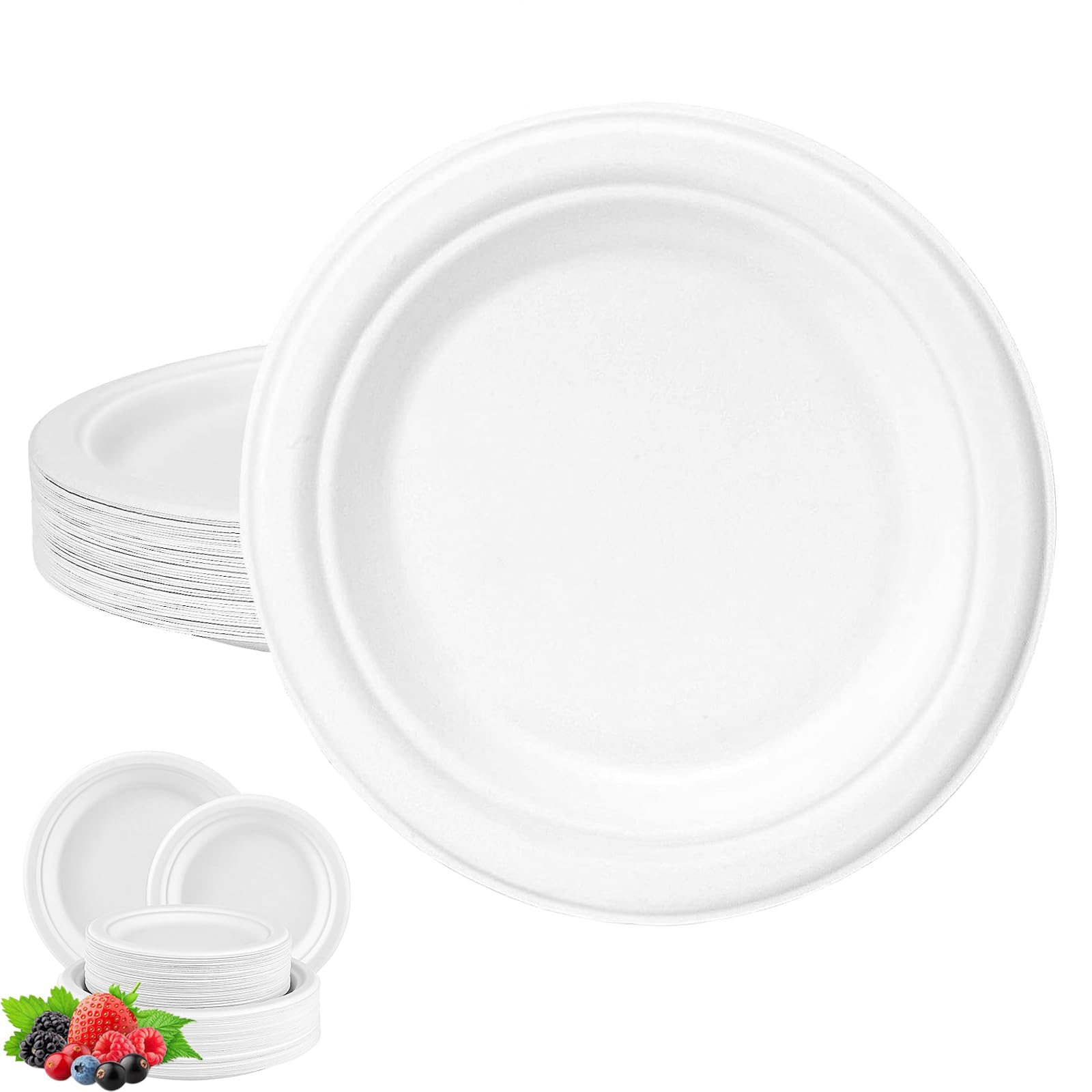 Super Rigid Bagasse Plates Eco-Friendly Compostable Biodegradable Plates 6inch/15cm,50Pack Sturdy Sugarcane Plates White Round Party Plates Disposable Strong Paper Plates Heavy Duty for Hot/Cold Food